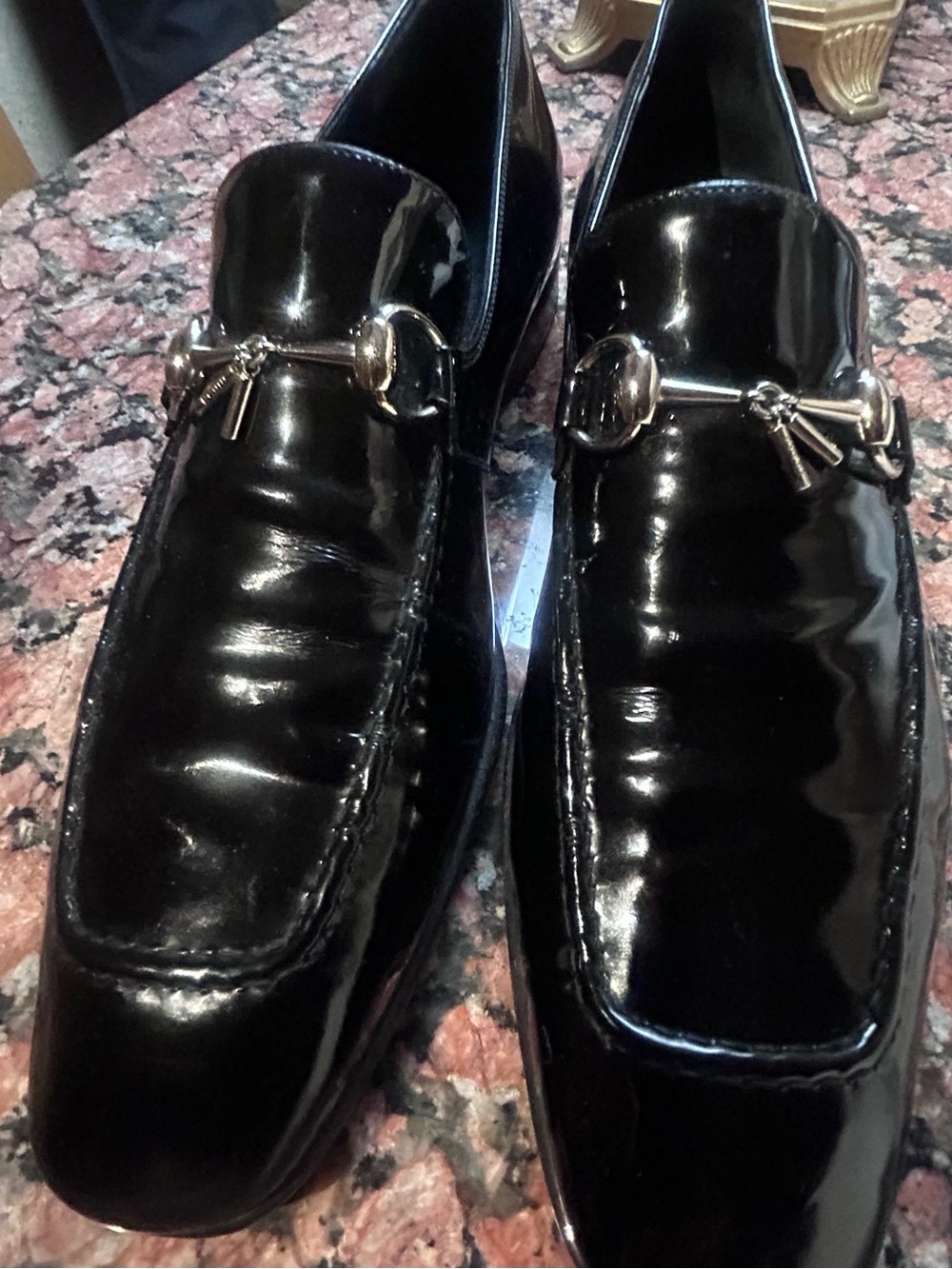 GUCCI Men's Black Patent Leather Dress Loafers with brand Metal Bit. - Picture 7 of 12